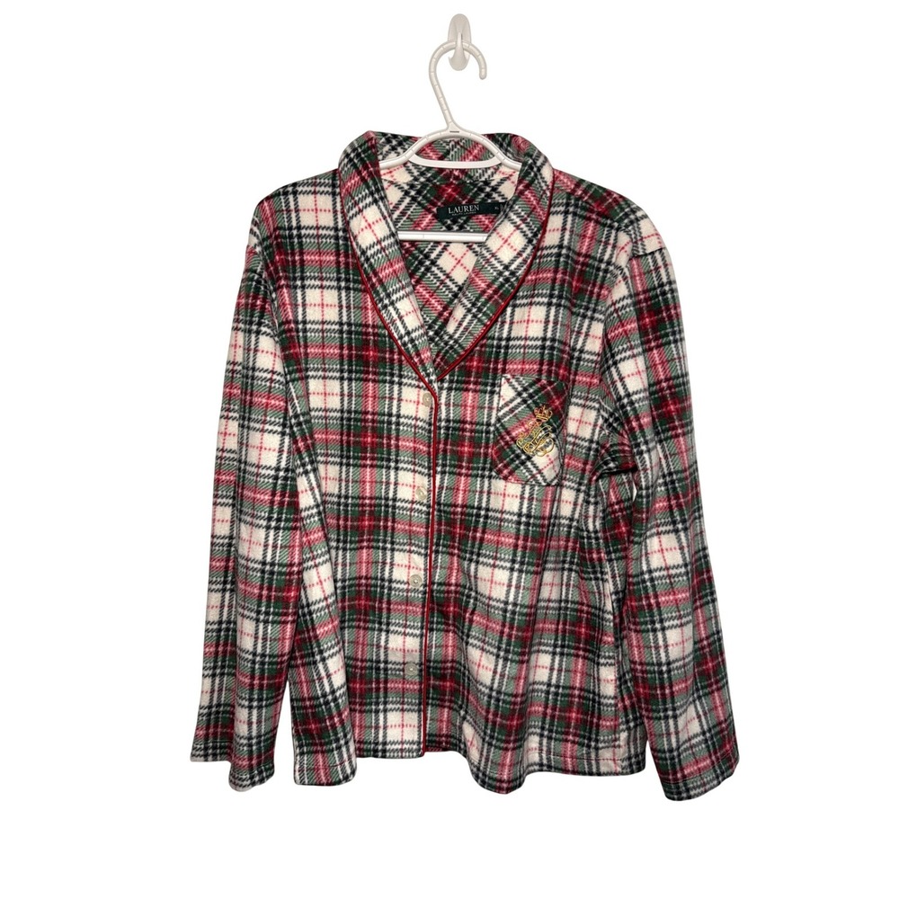 Lauren Ralph Lauren XL Fleece Pajama Top Plaid Button Down Cozy Lounge Classic